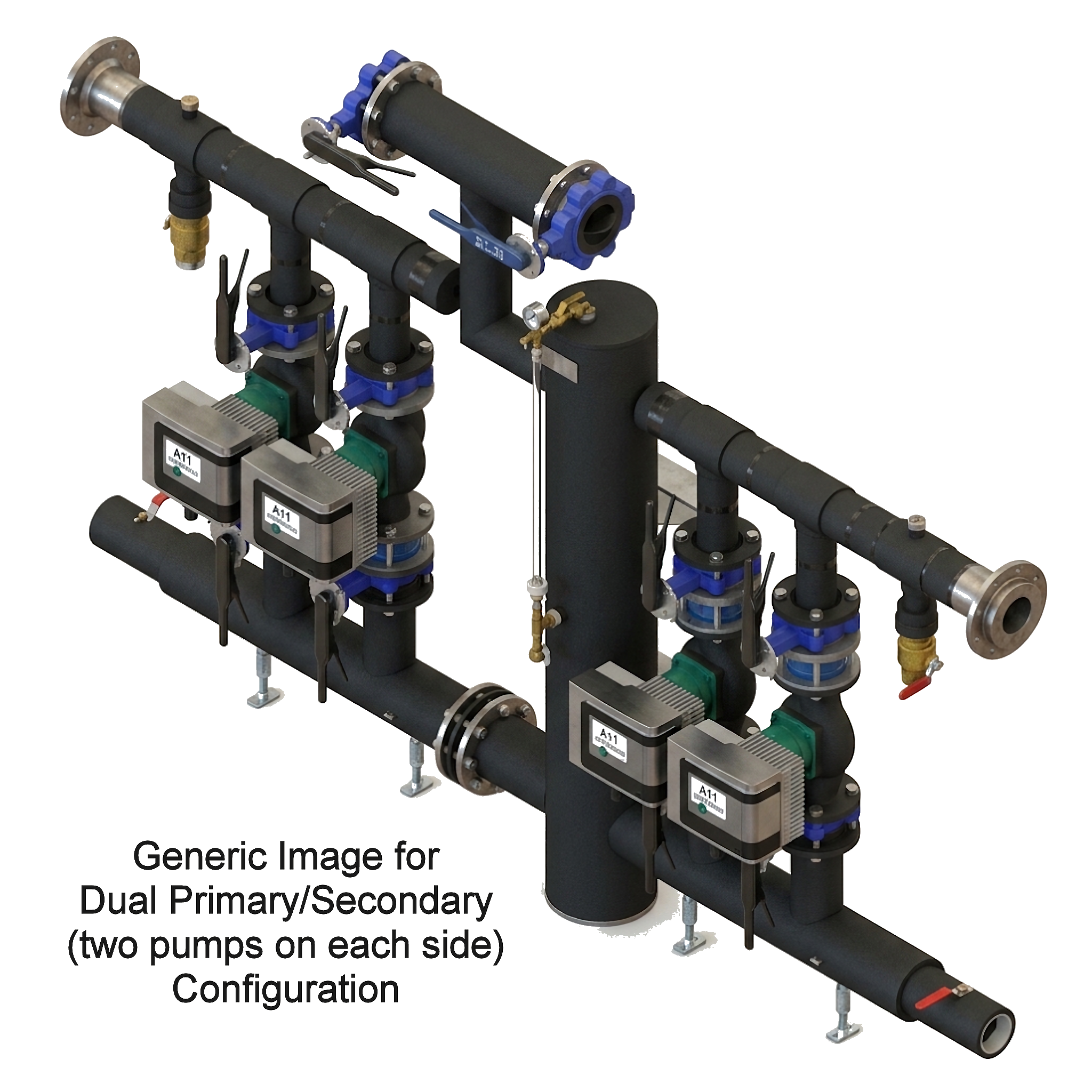 10-185 gpm Dual Prim/Sec Variable Speed GX Flow Center with (4) WILO MAXO 3x3-52, a 8" Canister and 4" FLN Inlet & 4" FLN Outlet