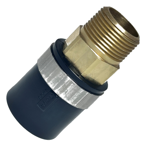 A brass and black plastic pipe fitting with a male thread on one end and a silver metal band on the other, isolated on a white background.