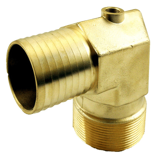 Heat Pump Brass Fittings - 3/4” MPT x 1” Hose Barb Elbow w/ 1/4" FPT Port - SKU GF2265 - Phoenix Energy Supply