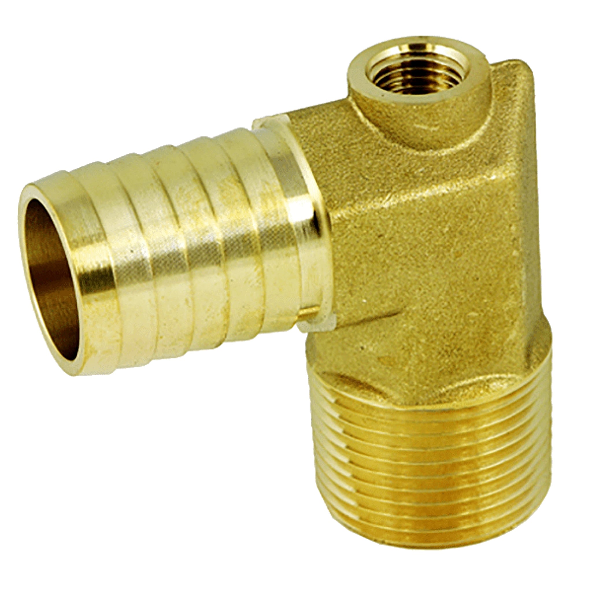 Heat Pump Brass Fittings - 1” MPT x 1” Hose Barb Elbow w/ 1/4" FPT Port - SKU GF3447 - Phoenix Energy Supply