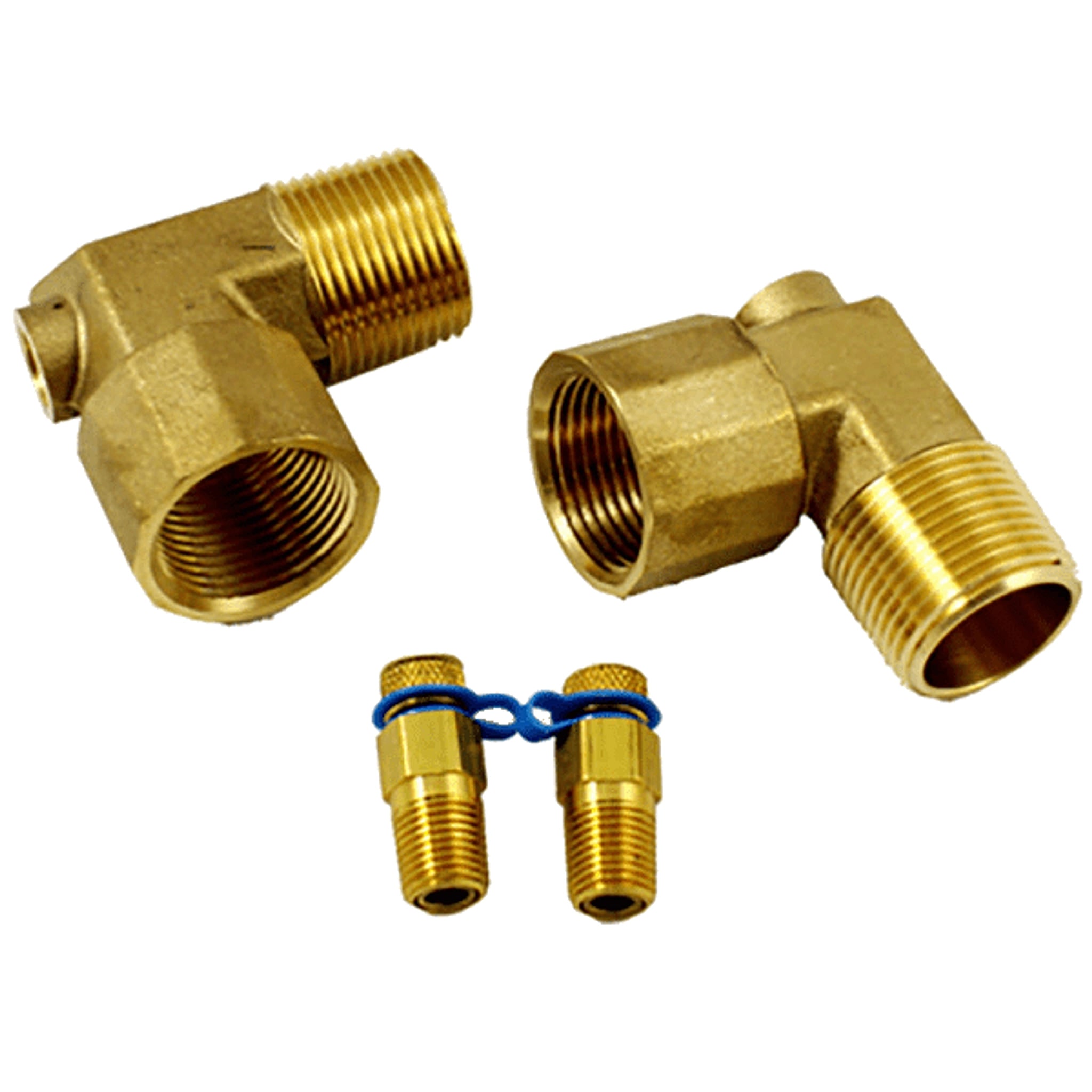 Heat Pump Brass Fittings - 1" MPT x 1" FPT Elbows w P/T Ports (Set of 2) - SKU GF3481 - Phoenix Energy Supply