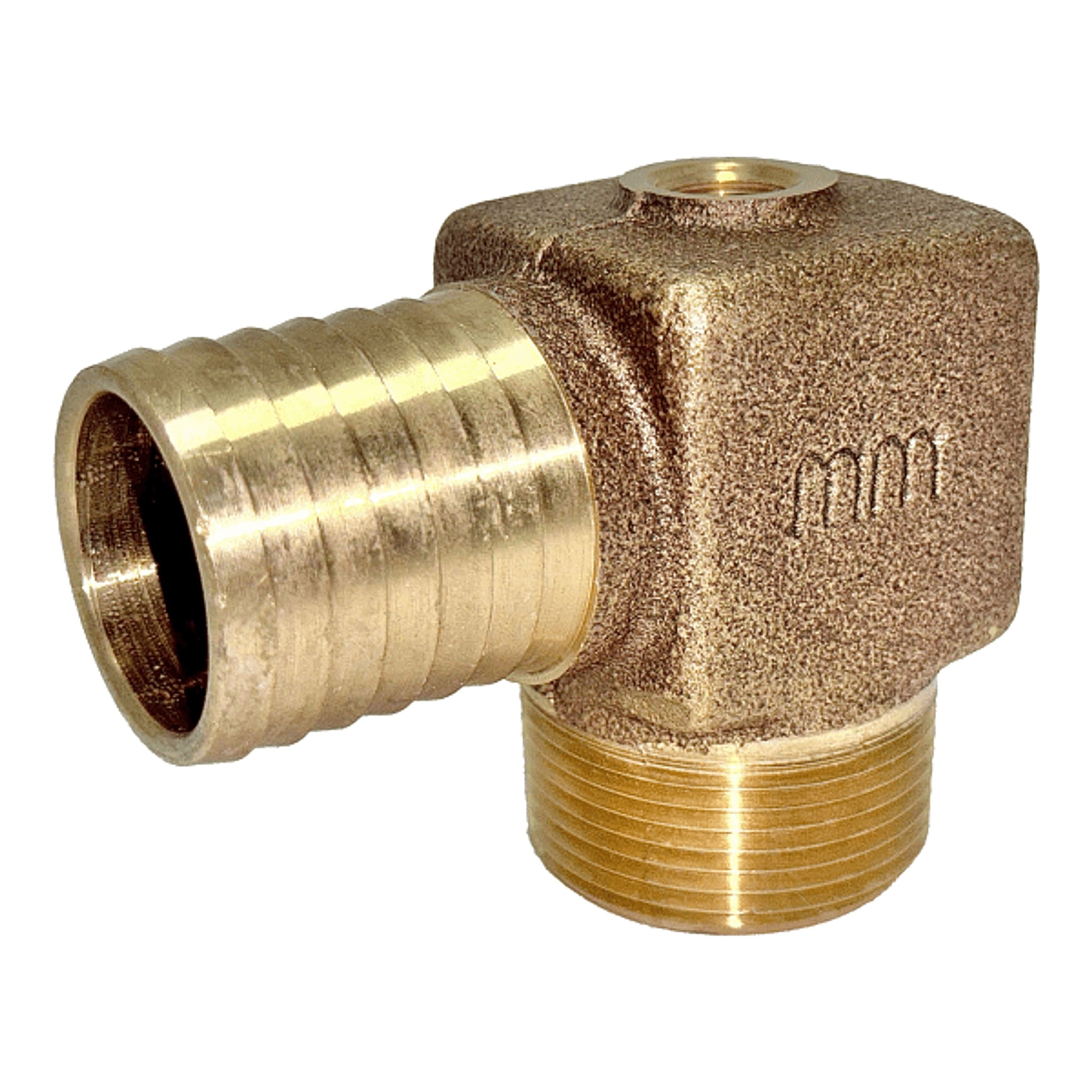 Heat Pump Brass Fittings - 1-1/4” MPT x 1-1/4” Hose Barb Elbow w/ 1/4" FPT Port - SKU GF3556 - Phoenix Energy Supply