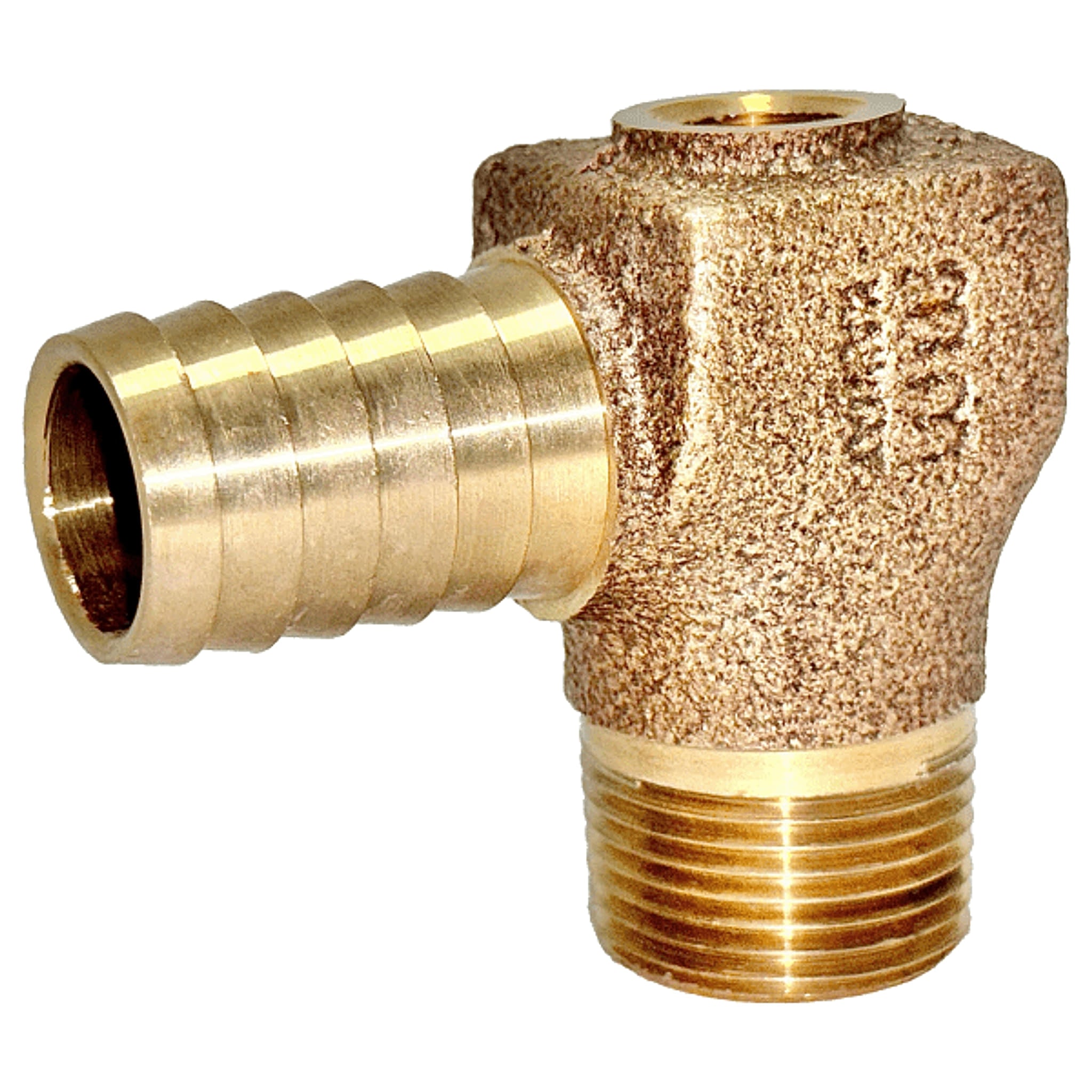 Heat Pump Brass Fittings - 3/4” MPT x 3/4” Hose Barb Elbow w/ 1/4" FPT Port - SKU GF4309 - Phoenix Energy Supply