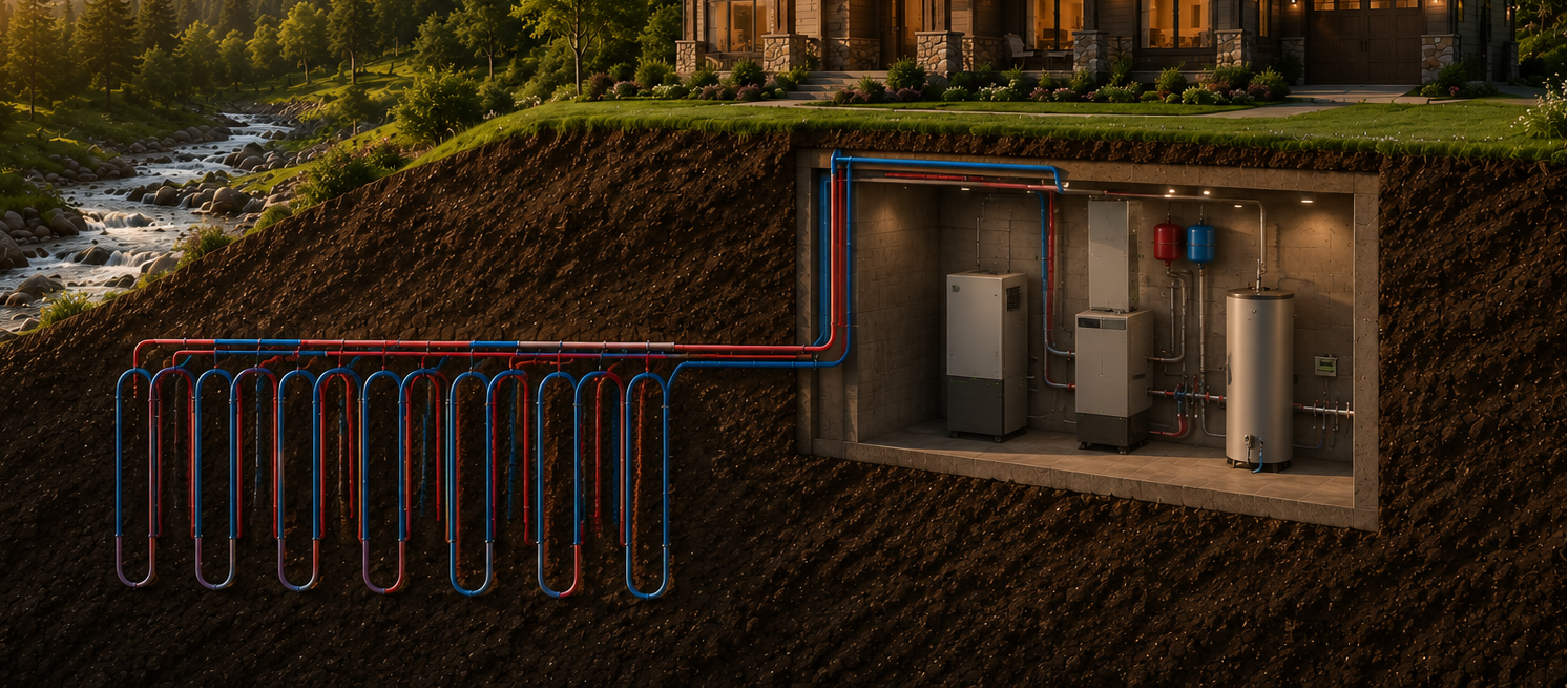 House with underground HVAC system illustration in a mountainous landscape